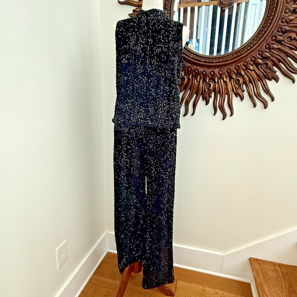 J. McLaughlin Black Sequin 2 Pc Pant Set Top M Pants 4 Sleeveless Mock Neck F/W